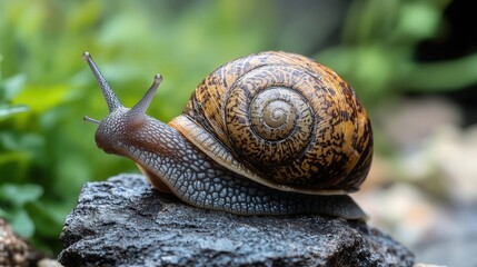 A small brown and tan snail is on a rock