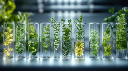 futuristic laboratory with an array of glass test tubes containing various shades of green plant specimens sterile white environment emphasizes the vivid colors and organic shapes of the flora