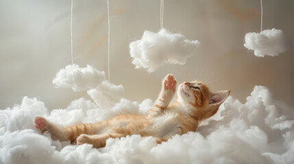 Wall Mural - A whimsical photograph of a kitten stretching on a cloud-like blanket with its paws reaching towards a toy suspended above it