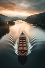 Poster - Large cargo ship sailing on a river with various containers and equipment
