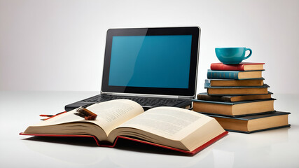 3d Flat icon as Book and Computer concept as A book with a computer beside it set against a dreamy background offering ample space for text or graphics symbolizing the balance between traditional lear