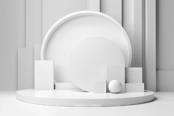 Poster - Pedestal in the room in white color with geometric shapes. Podium for product showcase with geometric decoration.