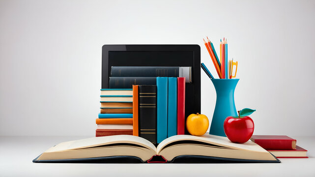 3d Flat icon as Book and Computer concept as A book with a computer beside it set against a dreamy background offering ample space for text or graphics symbolizing the balance between traditional lear