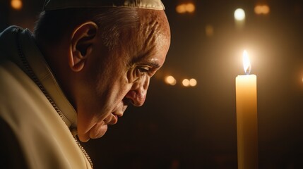 Close-up of the Popes face, softly lit by the glow of an altar candle