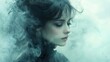 © julija - ghostly victorian woman emerging from swirling mist translucent form haunting gaze eerie atmosphere muted colors gothic romance