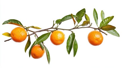 Branch of ripe tangerines with green leaves isolated on white.