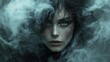 © julija - ghostly victorian woman emerging from swirling mist translucent form haunting gaze eerie atmosphere muted colors gothic romance