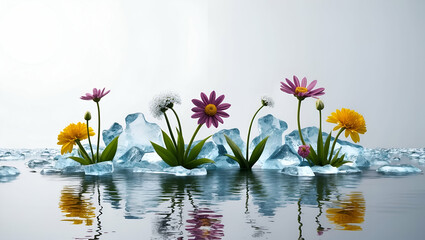 Wall Mural - 3d Flat icon as Melting Ice and Blooming Flowers concept as A view illustrating melting ice and blooming flowers set against a dreamy background offering ample space for text or graphics symbolizing t