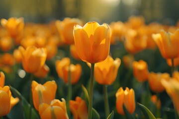 Wall Mural - A bright and colorful field of orange tulips basking in the warm sunlight