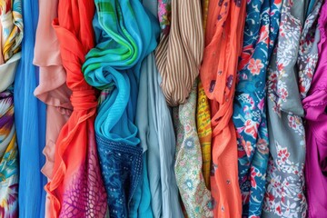 Poster - A colorful display of scarves hanging on a wall, perfect for fashion or textile inspiration
