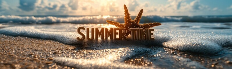 Starfish sitting on top of a sign summer time on the beach, travel concept, banner, copy space