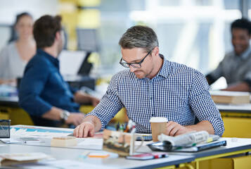 Aufkleber - Designer, color pallete and man in startup for planning, branding ideas and business on tablet. Creative company, agency or professional consultant at desk with papers for project and development