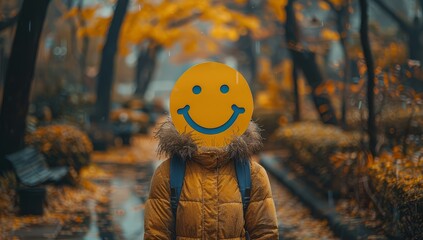 person holding smiley face paper cutout in front of their head