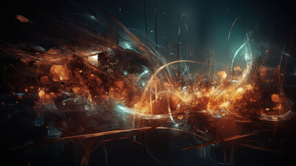 Poster - Abstract burst of wires and particles on technology background. Scientific abstraction with mess of microscopic connections.