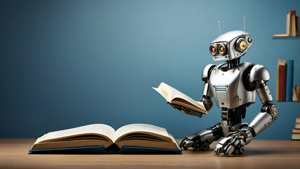 Photo Realistic as Book and Robot concept as A book with a small robot next to it set against a whimsical background offering ample space for text or graphics symbolizing the integration of literature