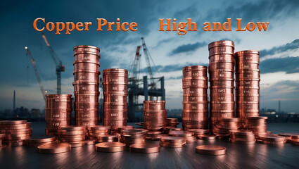 Photo Realistic as Copper Price High and Low concept as A view depicting the high and low of copper prices set against a dreamy background offering ample space for text or graphics symbolizing industr