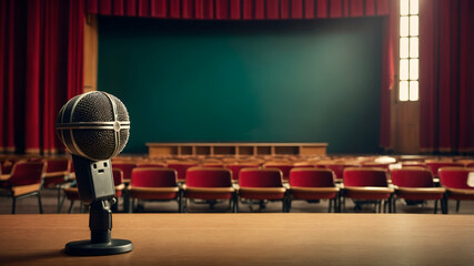 Wall Mural - Photo Realistic as School Auditorium and Microphone concept as A whimsical school auditorium with a microphone set against a dreamy background offering ample space for text or graphics symbolizing the