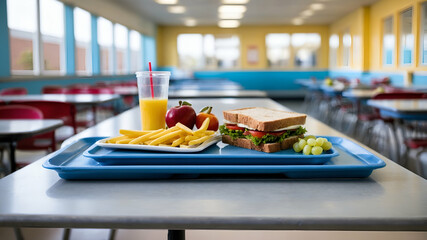 Wall Mural - Photo Realistic as School Cafeteria and Lunch Tray concept as A whimsical school cafeteria with a lunch tray set against a dreamy background offering ample space for text or graphics symbolizing the i