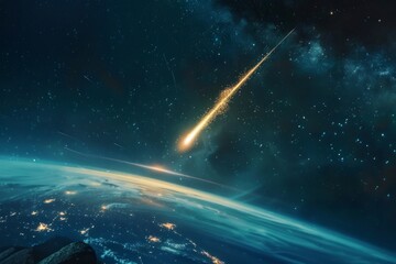 Wall Mural - Dramatic shot of a meteor glowing as it enters Earth's atmosphere,