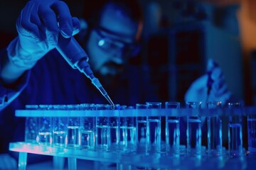 Poster - A person in a lab coat is seen working at a bench with various equipment and chemicals, wearing goggles and holding a pipe
