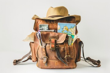 Poster - A brown backpack with a hat on top, perfect for outdoor activities