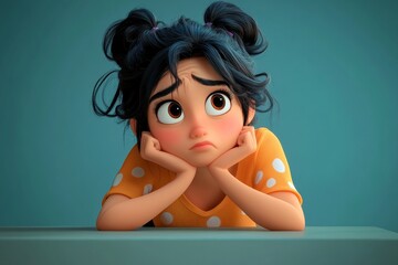 Cartoon of a cute girl with big eyes in a thoughtful expression, wearing a yellow polka-dot shirt