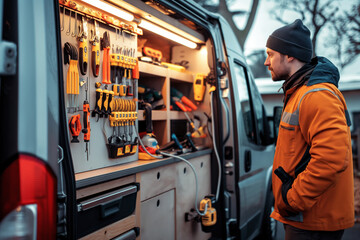 An electrician standing next to a fully equipped work van, showcasing the organization and readiness of their tools and equipment.