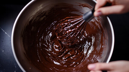 Wall Mural - “A hand whisking melted chocolate in a mixing bowl, set against a rich chocolate background. The smooth, glossy texture of the melted chocolate contrasts with the movement of the whisk, 