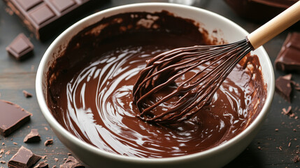 “A hand whisking melted chocolate in a mixing bowl, set against a rich chocolate background. The smooth, glossy texture of the melted chocolate contrasts with the movement of the whisk, 