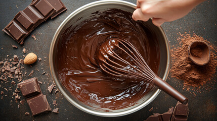 “A hand whisking melted chocolate in a mixing bowl, set against a rich chocolate background. The smooth, glossy texture of the melted chocolate contrasts with the movement of the whisk, 