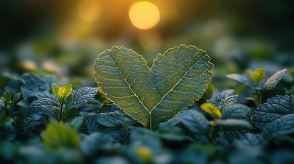 Wall Mural - lush green leaves forming heart shape symbolizing ecofriendliness soft bokeh background suggests environmental harmony