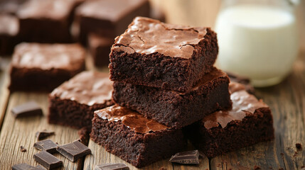 “Homemade fudgy chocolate brownies placed on a wooden surface, surrounded by pieces of chocolate and a glass of milk in the background. The rich, dense texture of the brownies contrasts 