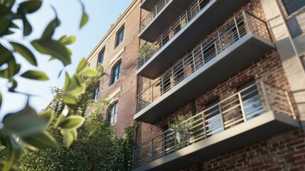 Poster - A tall brick building with multiple levels of balconies, great for use in cityscape or architectural visuals