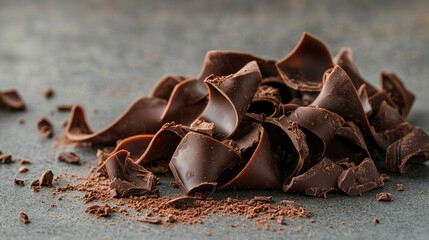 Wall Mural - “Pieces of dark chocolate scattered on a gray table, accompanied by chocolate curls and a dollop of chocolate cream. The background features a rich chocolate theme, emphasizing the luxurious 