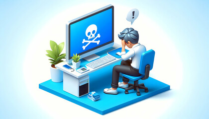 3d Flat icon as Developer sitting in front of a blue screen of death looking frustrated concept as A developer in casual attire sitting at a desk with a computer showing a blue screen of death appeari