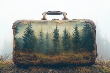 suitcase with a painting of trees on it, travel concept, copy space