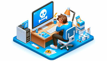 3d flat icon as developer sitting in front of a blue screen of death looking frustrated concept as a