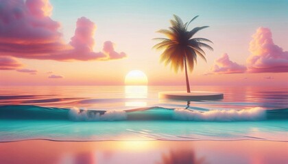 tropical beach, sunset, palm tree, ocean waves, serene, soft pastel colors, clear sky with clouds, tranquil atmosphere, minimalistic platform, reflections on water, warm glow, peaceful scenery