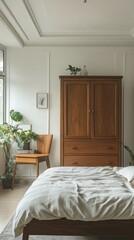 Wall Mural - Cozy bedroom with plants and a wooden wardrobe in natural light