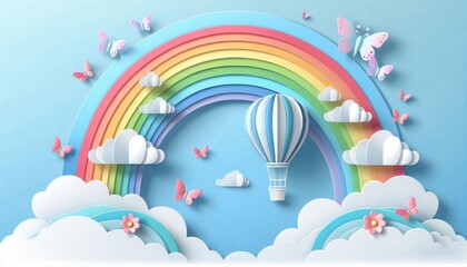 hot air balloon, rainbow, paper-cut art style, pastel colors, blue sky, white fluffy clouds, pink butterflies, whimsical, serene, dreamy atmosphere