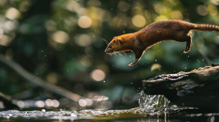 An adventurous weasel mid-jump over a small stream, dynamic motion captured in the air, blurred forest background enhancing the sense of speed