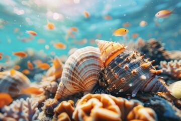 Poster - Group of sea shells resting on top of colorful coral reef, great for ocean-themed designs