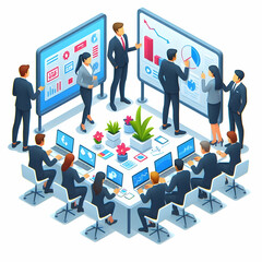 Poster - 3d Flat icon as Business Development Team with Blueprints and Laptops concept as A business development team reviewing blueprints and using laptops set against a whimsical background offering ample sp