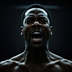 man screaming in anguish, dramatic lighting, intense emotion, dark background, close-up portrait, high contrast, cinematic style, high detail, expressive face