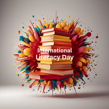 international literacy day with books, globe, ink, pen isolated on yellow background