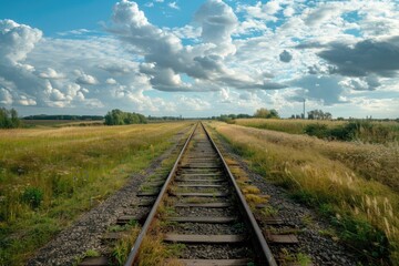 Poster - A train track runs through a lush and green grassy field, ideal for landscape or nature photography