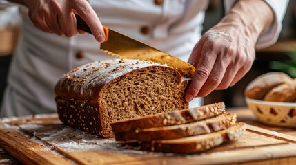 Whole grain bread with a chef holding gold knife for cut