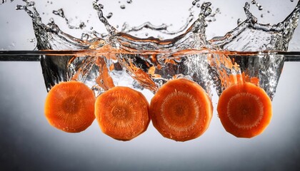 floating carrot slices falling into the water, water bubbles, splashes. Fresh vegetables - healthy nutrition.
