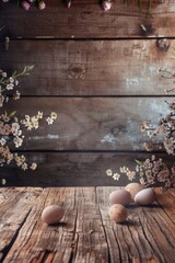 Poster - A wooden table decorated with eggs and flowers