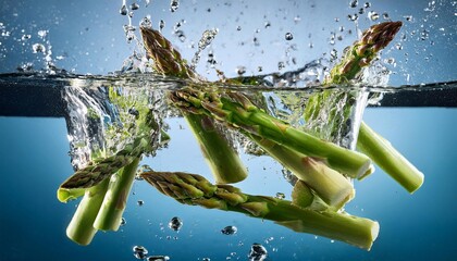 floating slices of asparagus falling into the water, water bubbles, splashes. Fresh vegetables - healthy nutrition.
